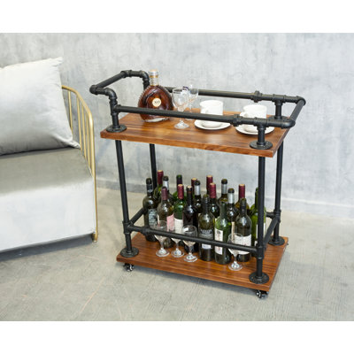 2-Tier Bar Carts For Home, Industrial Vintage Style Wood Metal Serving Trolley,Mobile Kitchen Serving Carts On Wheels, by Williston Forge
