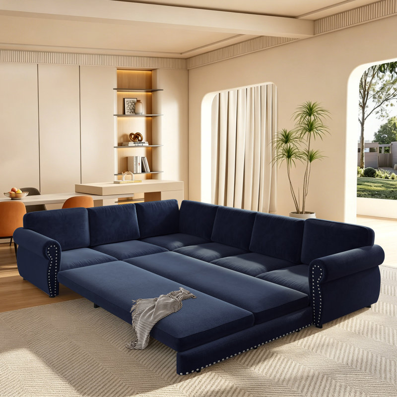 118" Oversize Convertible Sleeper Sofa With Nailhead Trim, Upholstered Sofa Couch With Pull-Out Bed, Blue Chenille