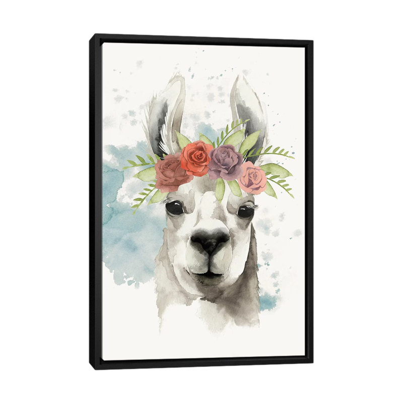 « llama flore i », reproduction sur toile, H 26 po x l 18 po x P 1,5 po, Toile avec cadre noir, Pas de tapis