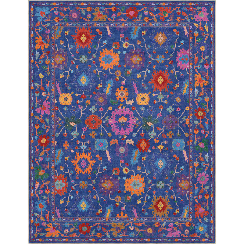 Bungalow Rose Adrith Bodrum Vintage Bohemian Floral Blue Multi Area Rug, Rectangle 9'10" x 13'