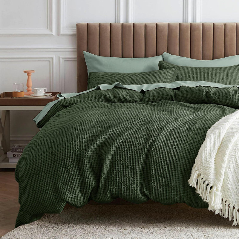 Ensemble d'édredon gaufré, Édredon pour grand lit + 2 taies décoratives, Vert olive