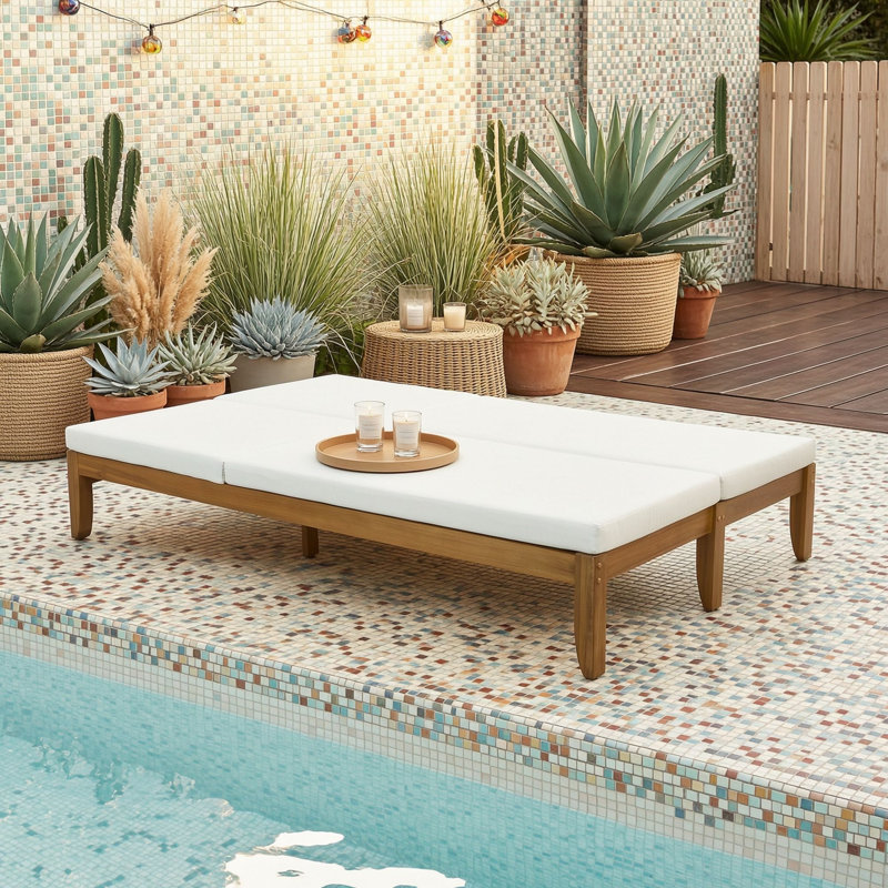Chaise longue double réglable en bois d'acacia pour deux utilisateurs avec coussins, Beige naturel