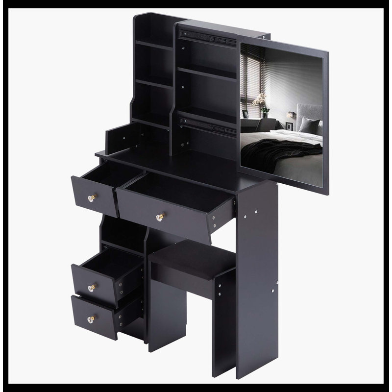 Petit meuble-lavabo de 29,2 po avec tabouret de bureau et tabouret rembourré, très grand miroir coulissant à droite, rangement multi-couches à grande capacité, commode pratique et pratique, convient aux petits espaces