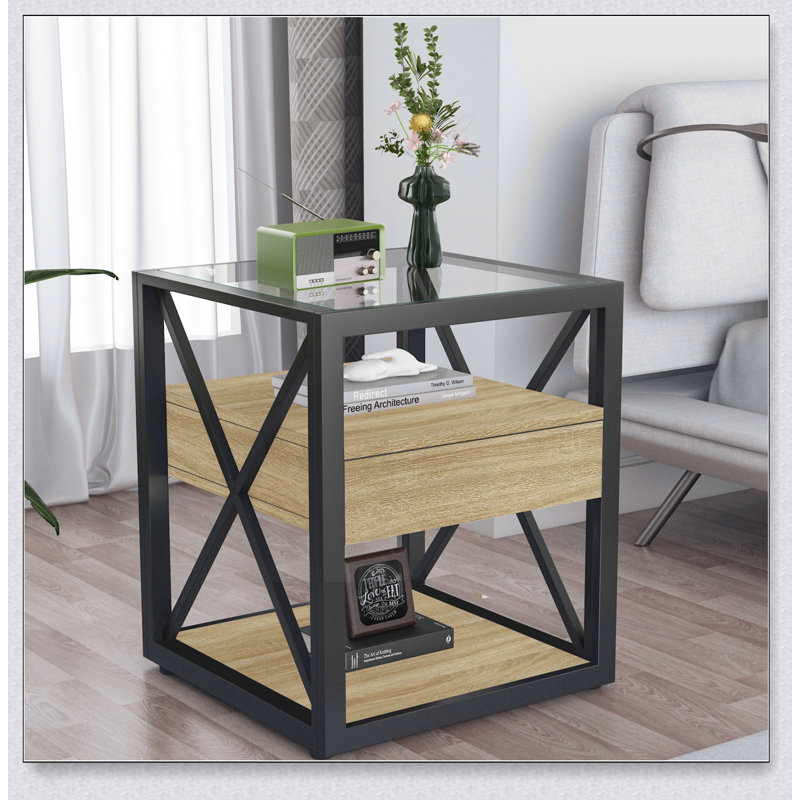 Table de bout moderne avec tiroir - Table de chevet pour chambre à coucher et salon, panneau de fibres à densité moyenne en bois naturel et plateau en verre trempé, table d'appoint de style industriel
