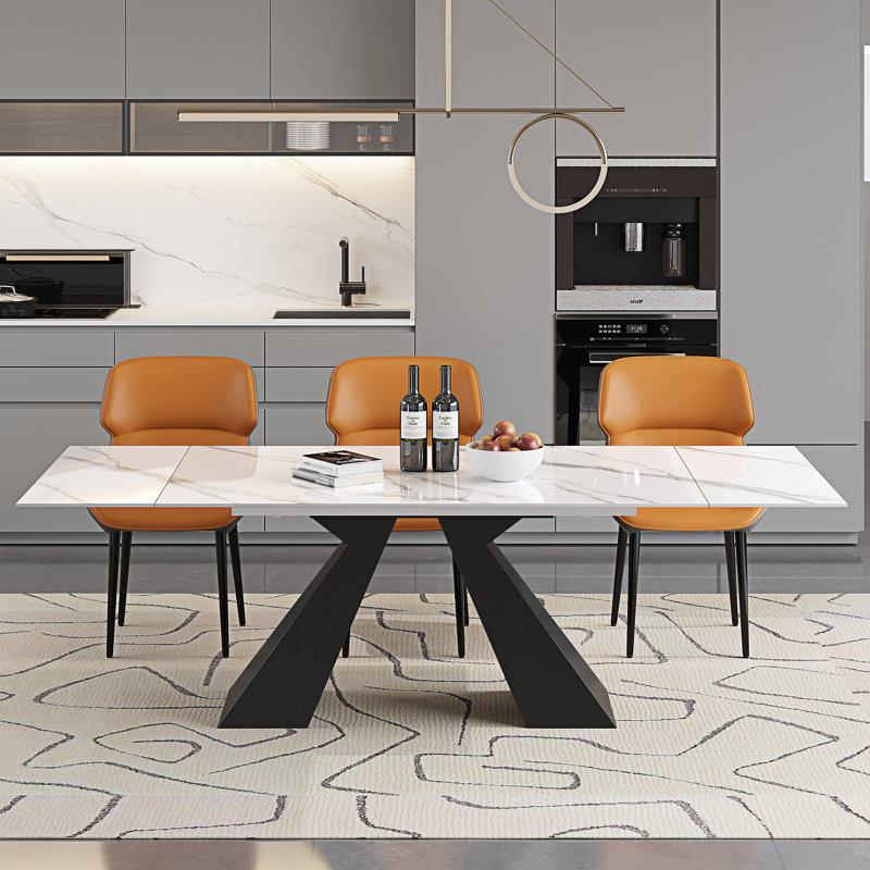 9-Piece Dining Table Set With 63''-94.5'' Extendable Sintered Stone Dining Table And 8 Faux Leather Wingback Dining Chairs