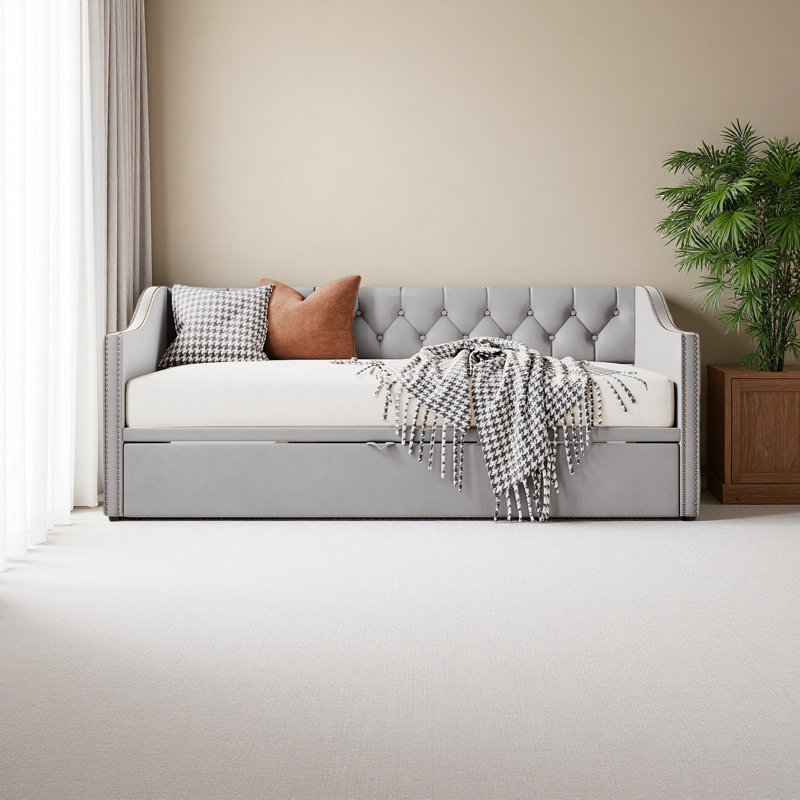 Twin Size Upholstered Daybed With Pop Up Trundle, Beige