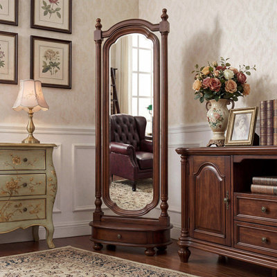 Miroir de garde-robe arqué en bois massif rétro avec tiroir de rangement, tablettes arrière à deux niveaux et crochets pour le rangement des vêtements