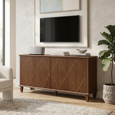 Meuble télé en bois de style moderne du milieu du siècle, 147,5 cm (58,1 po), console multimédia à 4 portes avec portes géométriques sculptées pour salon