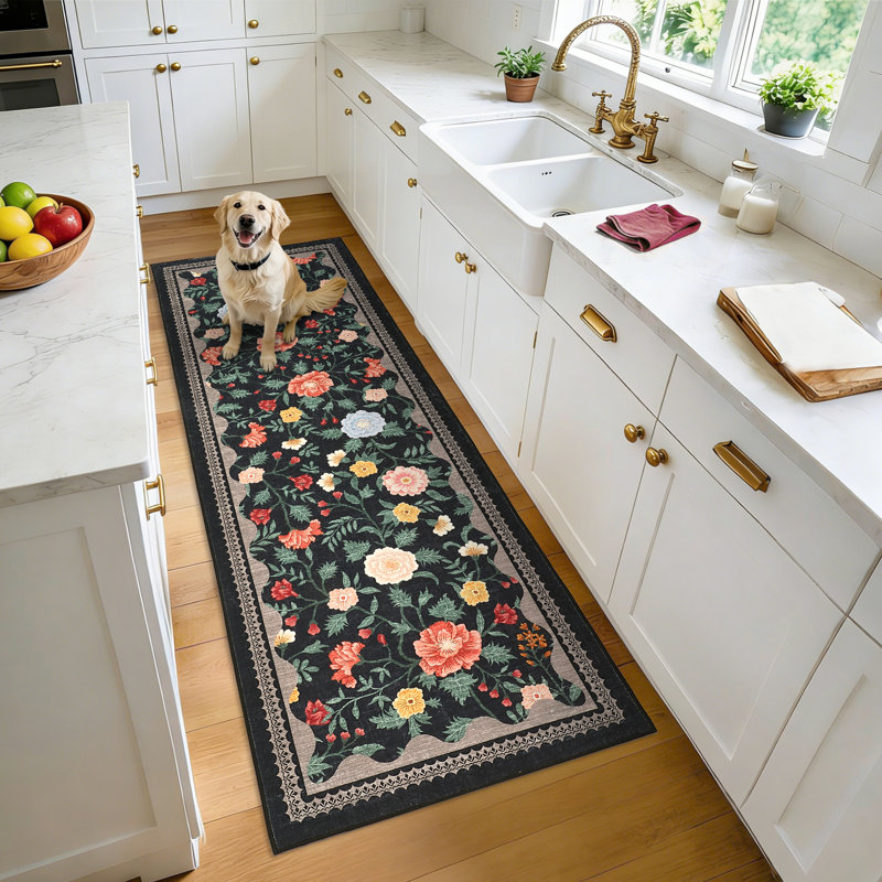 2x6 Floral Kitchen Runner Rug Machine Washable Non-Slip Runners for Hallways Soft Low Pile Lightweight Long Carpet Rugs Farmhouse Indoor Floor Mat for Bedroom, Bathroom Black