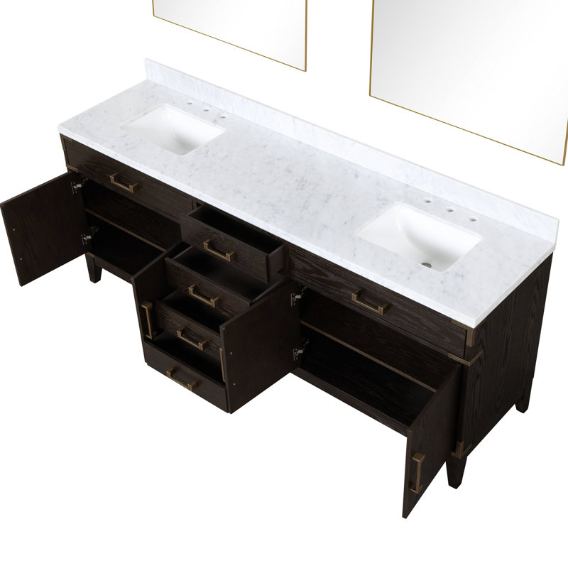 Meuble-lavabo double en chêne brun avec 84 po L, plateau en marbre, deux armoires intérieures scellées en chêne, 36 miroirs, quatre tiroirs de rangement