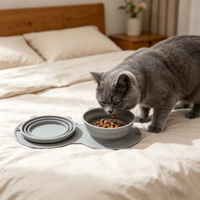 Foldable Double Pet Bowl Slow Feed with Raised Bumps Portable Travel, 14.17x7.28x2.16 in, Gray