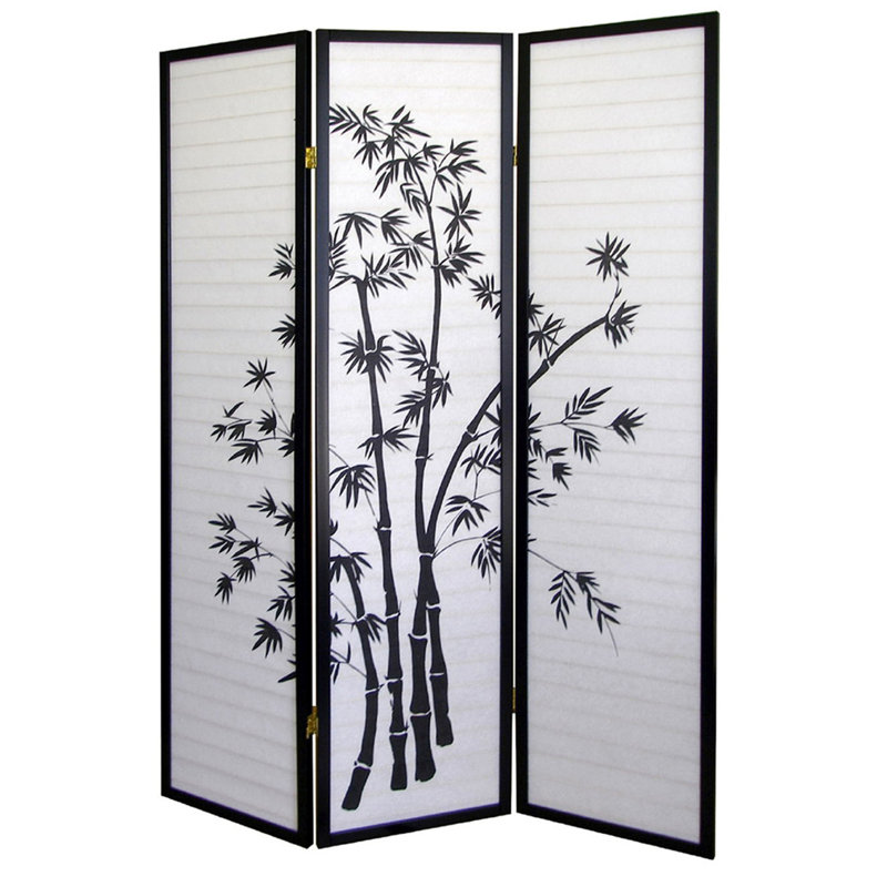 70" Tall 3-Panel Screen / Room Divider, Bamboo Design With Black Finish