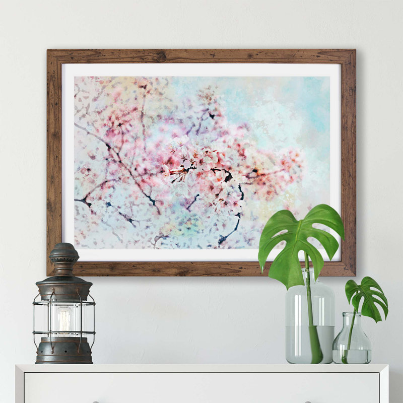 Japanese Cherry Tree In Pink - Single Picture Frame Painting, 33cm H x 45cm W x 2cm D, Walnut
