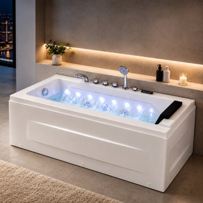 Baignoire tourbillon en alcôve en acrylique de 67 po x 29 po avec chauffe-eau thermostatique, 9 jets d'eau, 8 jets d'air, deux entrées cascade de 1 m, 16 lumières DEL, radio FM et haut-parleur, panneau de commande numérique, ensemble d'oreiller et robinet d'appuie-tête, drain à gauche , Blanc