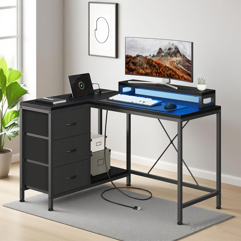 Bureau en L avec prises de courant et lumières DEL - Bureau d'ordinateur d'angle avec tiroirs et tablettes, Black