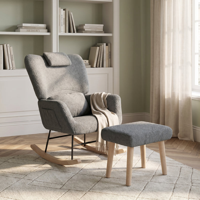 Beige Sherpa Rocking Chair with Ottoman, Teddy Fleece Nursery Glider Rocker, Metal Frame Wooden Runners 100kg, Grey