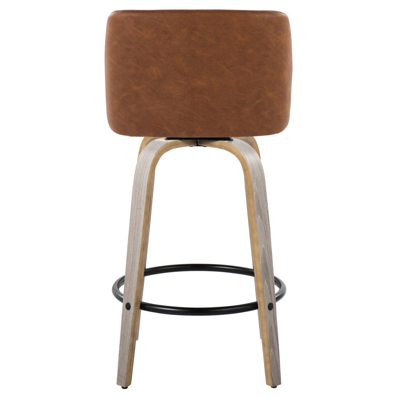 Tabouret de comptoir de 26 po en bois gris et similicuir gris avec pivot à 360 degrés, repose-pieds rond en métal noir, simplicité moderne, conception confortable, hauteur fixe, utilisation à l'intérieur, limite de poids de 250 lb,