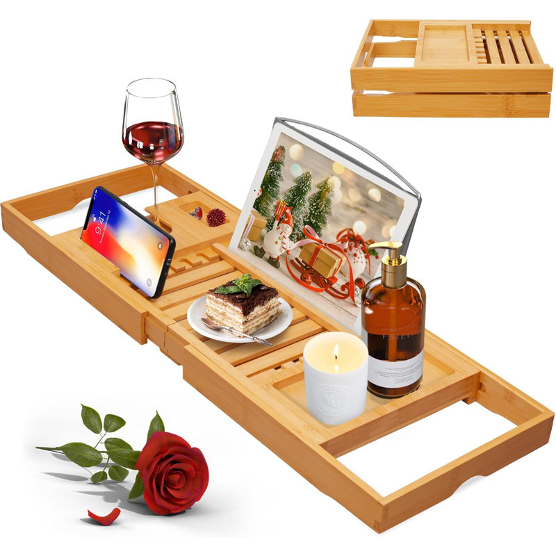 Style 01 Bamboo Expandable Bathtub Tray Caddy, Adjustable Bath Tub Organizer with Tablet Stand, Wine Glass Slot & Phone Holder for Home Spa Relaxation