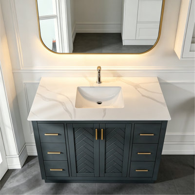 43-Inch Quartz Bathroom Vanity Top, 3/4" Thick With Undermount Single Bowl Middle Sink, 4 Inch High Backsplash, 1 Pre-Drilled Faucet Hole, Stain & Heat Resistant, Carrara White Quartz With Veins