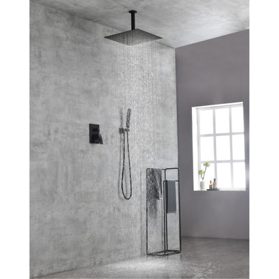 Ceiling Mounted Shower System In Matte Black. 16" Head Made Of Brass. Offers Natural Rainfall Feeling. Self-Cleaning Nozzle Maintains Clear Water Discharge. Complies With American Standard Pipe.