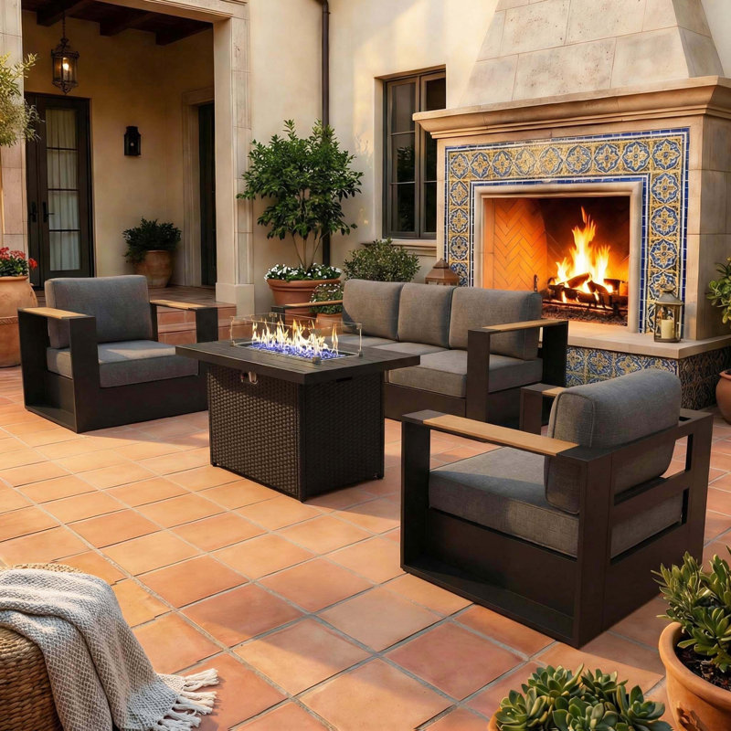 Layinsun Outdoor Oversized Aluminum 4-piece Conversation Set With Firepit Table And 6-inch Cushion, Dark Gray