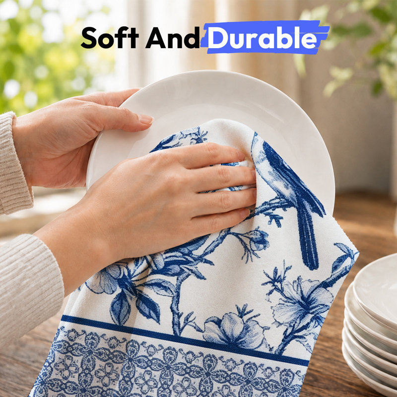  Linges de cuisine en microfibre, linges à vaisselle réutilisables absorbants, décoratifs résistants à la décoloration, 16 po x 24 po, motif botanique Blue Bird