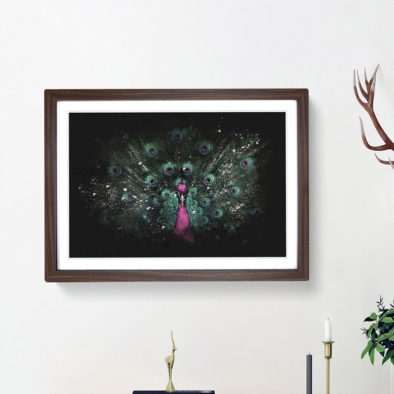 Mesmerising Pink and Green Peacock - Framed Print, Walnut Framed, 62cm H x 87cm W x 2cm D