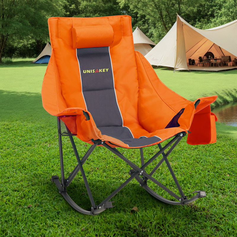  Fauteuil de camping berçant surdimensionné pliable pour l'extérieur avec porte-gobelet, support 300 lb, Gris foncé / orange