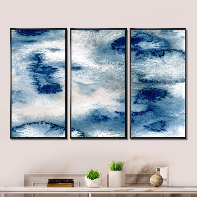 Watercolor Abstract Classic Blue II - 3 pièces, reproduction sur toile, Noir, H 28 po x l 36 po x P 1 po