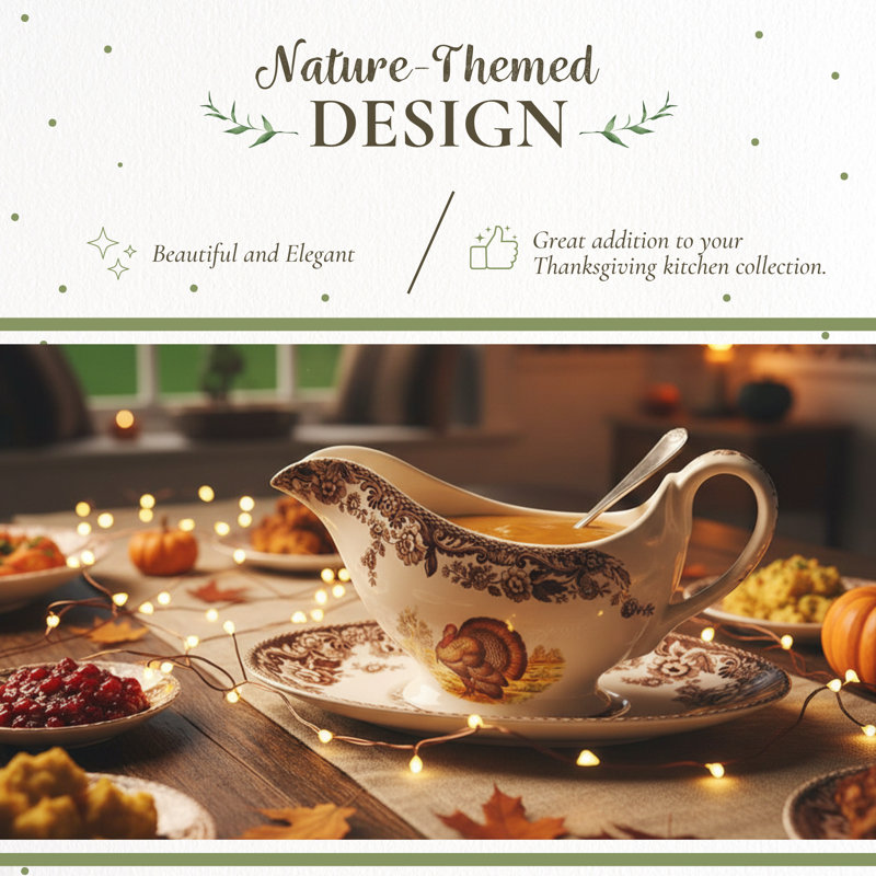 Spode Woodland Sauceboat and Stand - Turkey, 11 Oz, Brown/White, Set of 2