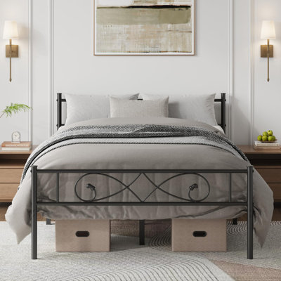 Base de lit plateforme grand en métal avec tête et pied de lit à motif de poing - Noir mat - Lattes en acier robustes - Aucun sommier requis - Rangement sous le lit - Sans bruit - Assemblage sans outil