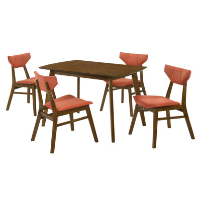 Deason 5-Piece Rectangular Walnut Dining Set With Poppy Upholstered Chairs