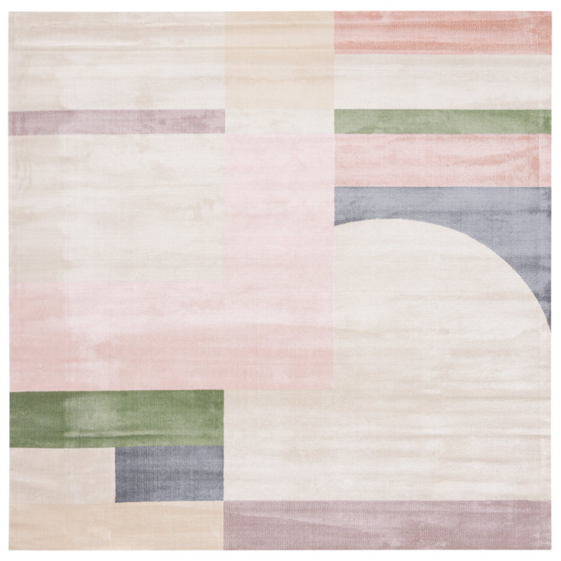 Tapis géométrique beige / rose / bleu foncé Anais, Carré 5 pi 3 po