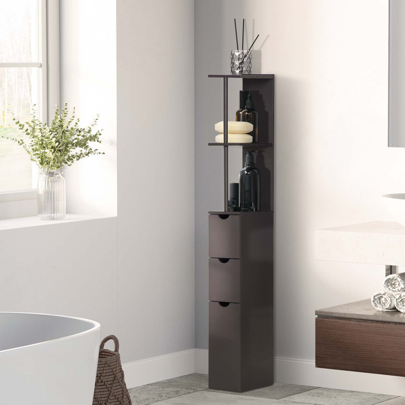 Grande armoire de rangement autoportante pour salle de bain avec tiroirs à tablettes ouvertes et fixation murale sécurisée