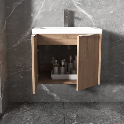 24 Inch Bathroom Sink Cabinet - Wall Mounted, Modern, Soft Close Doors, Plywood, Imitative Oak Tone Vanity With Resin Door, Plywood Cabinet,