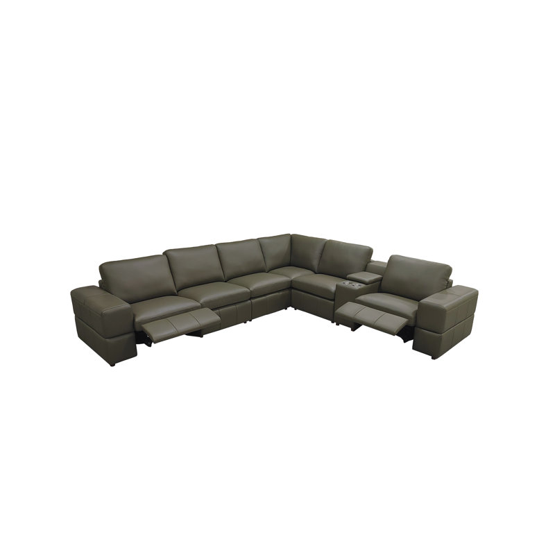 Thameskinsbury Leather Match Reclining Modular Sectional, Olive Leather Match
