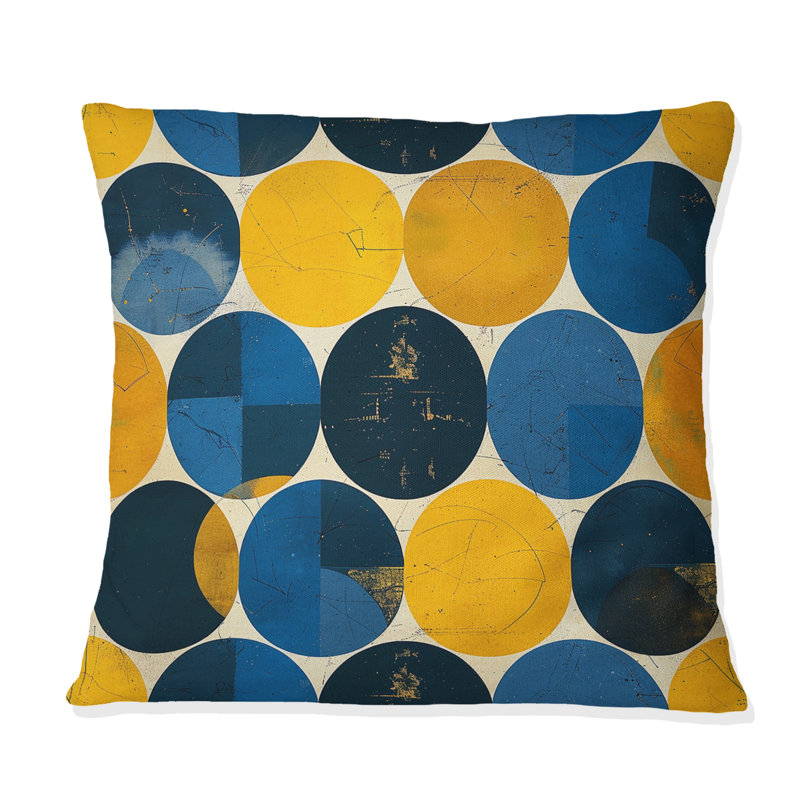 Coussin bleu et jaune rétro Midcentury Circles II - Midcentury, H 16 po x l 16 po