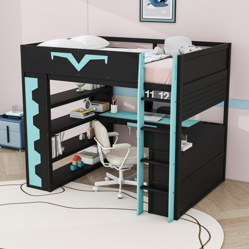 Lit mezzanine double en bois avec éclairage RVB et bureau, Bleu