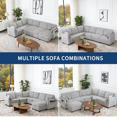 Ensemble de salon modulaire 5 pièces avec canapé-lit, canapé en L gris avec repose-pieds et rangement en chenille gris