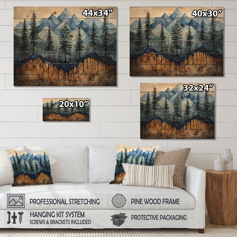 Montagne, forêt, pin, racines II - paysage de montagnes, art mural sur bois de pin naturel, H 24 po x l 32 po x P 0,78 po