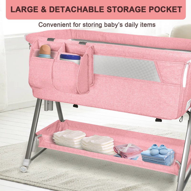 Baby Bassinet And Bedside Sleeper For Baby , 7 Height Adjustable Bedside Bassinet With Wheels, Pink