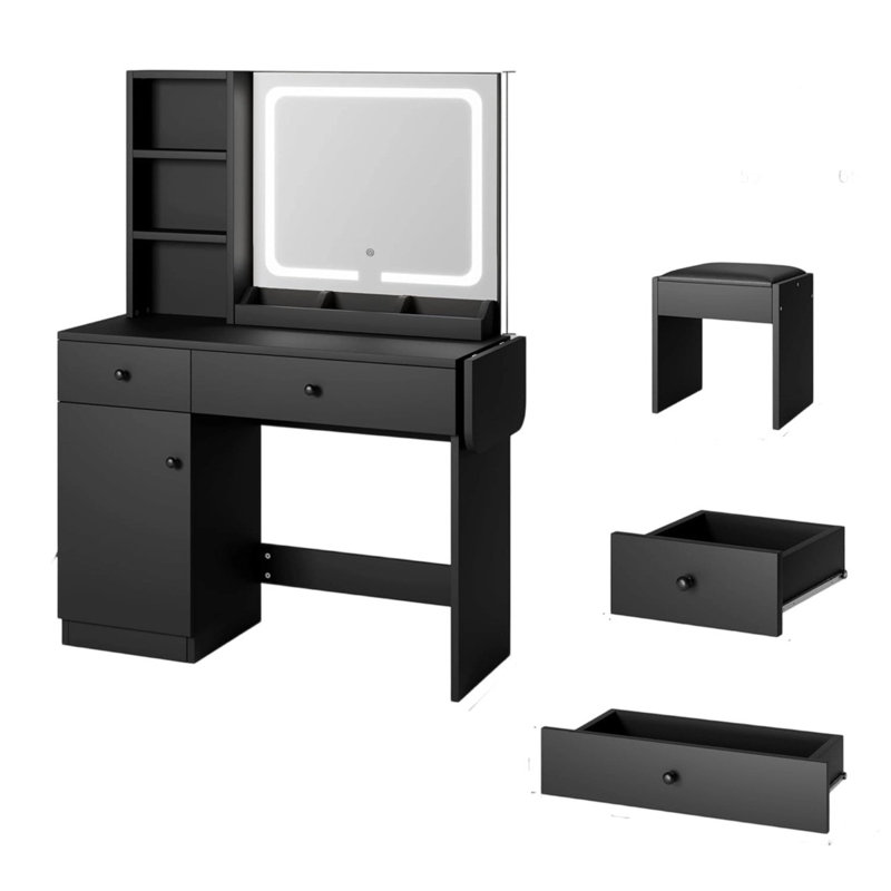 Ensemble de coiffeuse noire avec miroir et lumières, ensemble de table de maquillage avec chaise et tablettes de rangement pour la chambre à coucher