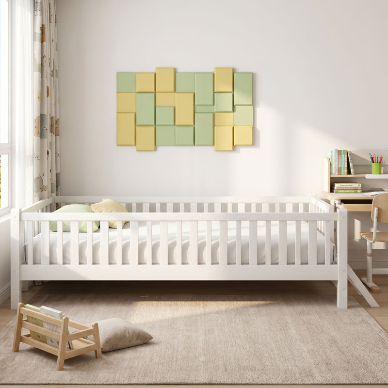 Twin Wooden Platform Bed with Guardrails and Ladder, White