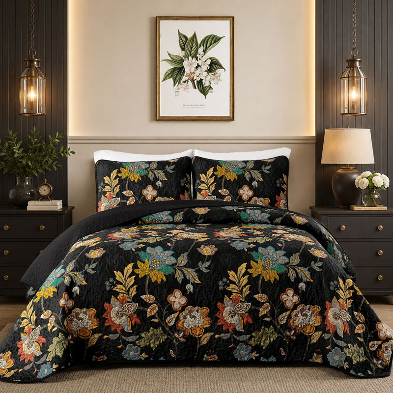 3-Piece Botanical Floral Quilt Set - Soft Lightweight Microfiber All Season Coverlet, King Quilt + 2 King Shams, Black