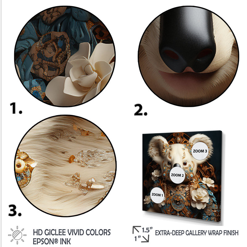 King Koala Blooms 1 - Koala Animal, art mural, Cadre doré simple, H 36 po x l 36 po x P 1,5 po
