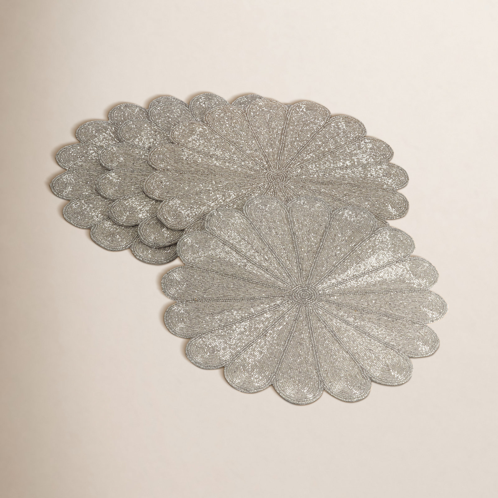 Kaeto Flower Design Beaded 15" Glass Placemat, Silver
