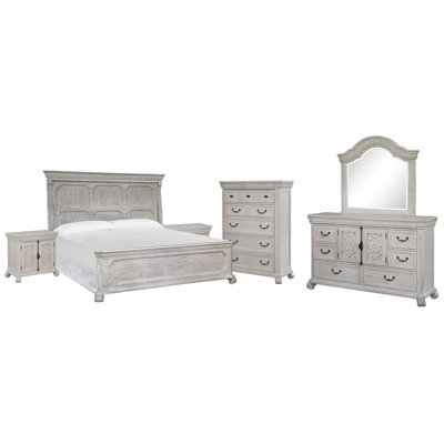 King Panel Bed 2 Barchelor Chests Drawer Dresser With Shaped Mirror And Drawer Chest
