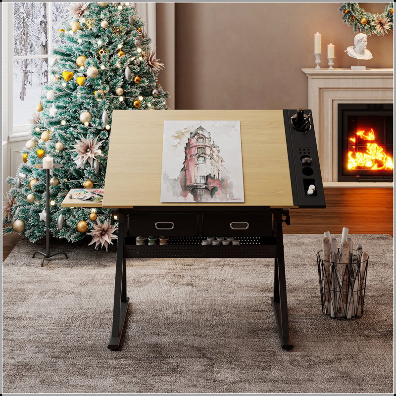 Bureau de dessin réglable avec 2 tiroirs et tabouret, parfait pour le bureau à domicile et l'école, Érable / noir