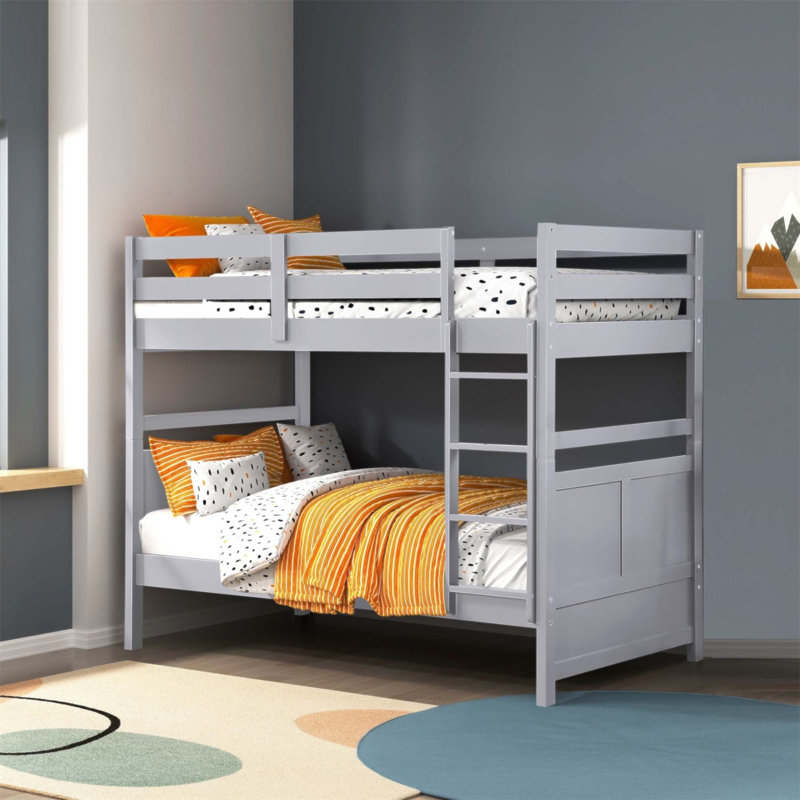 Lit simple superposé simple avec structure en bois robuste et garde-corps, parfait pour les chambres de jeunes, Twin, Gris