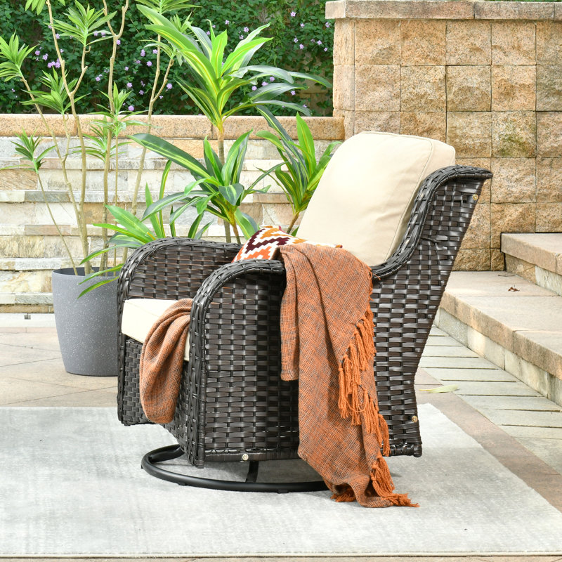 Rocking Swivel Patio Wicker Lounge Chairs With Cushions, Beige, Brown